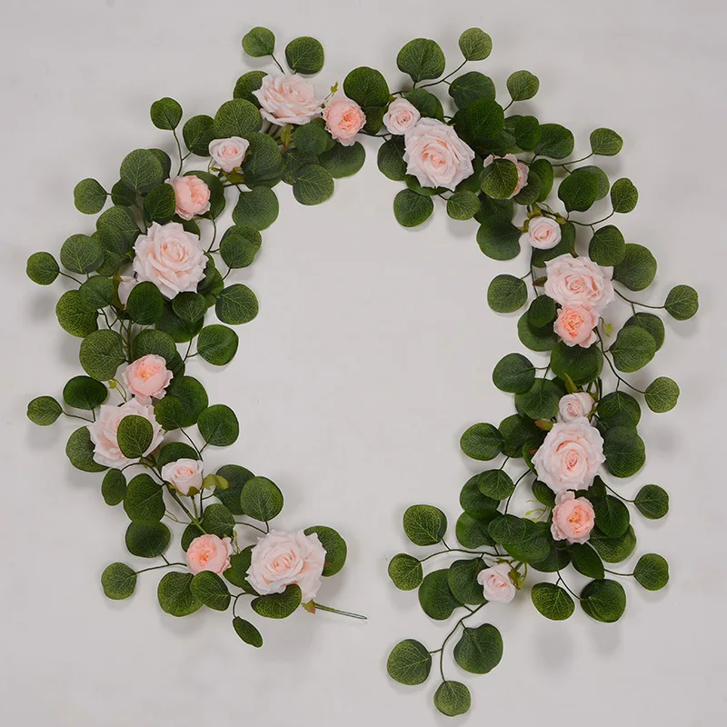 

Pink Rose Wreath Artificial Peony Eucalyptus Vine Wedding Hall Decoration Home Balcony Garden Wall Hanging Decoration Rattan