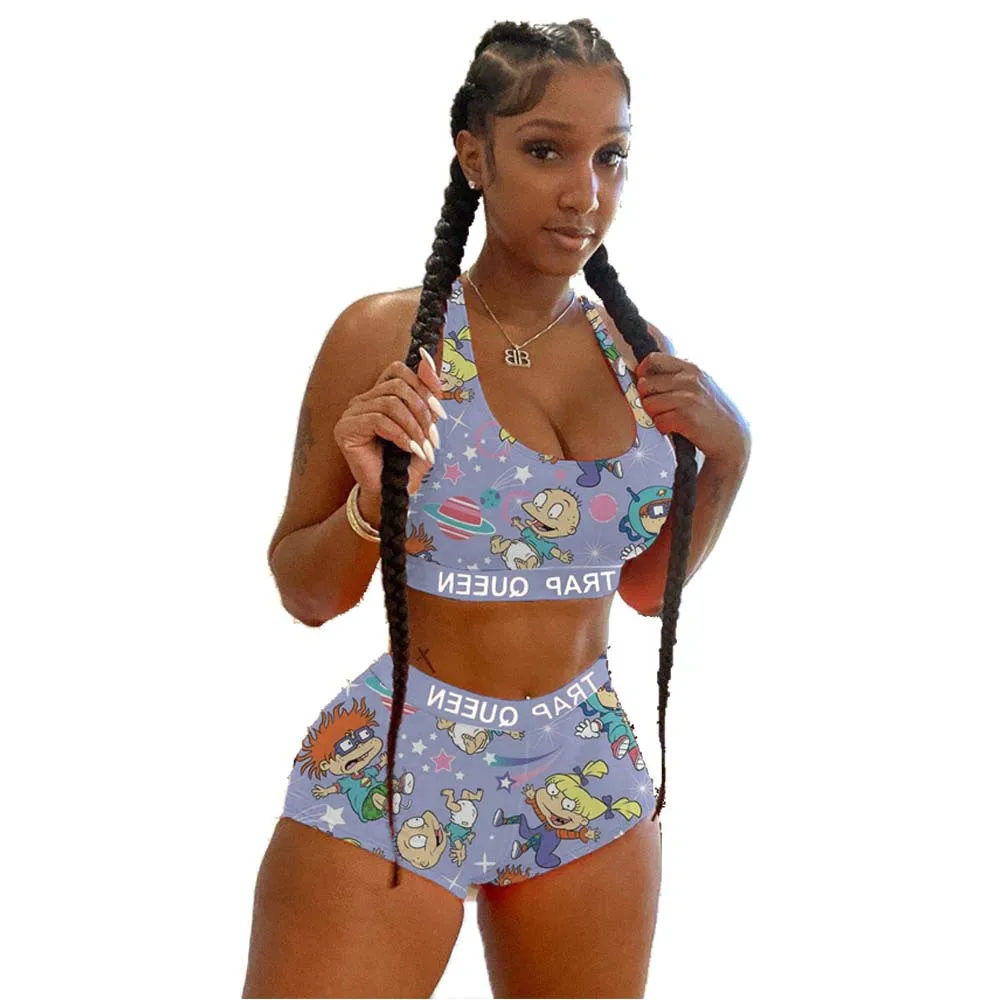 Женский спортивный костюм из 2 предметов без рукавов с принтом летний двух