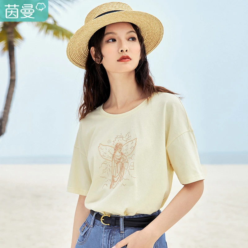 

INMAN Stick Figure Beige White Cotton T-Shirt Korean Unique Weaving Print Design Short Sleeve Women Art Sweet Summer Tee Tops