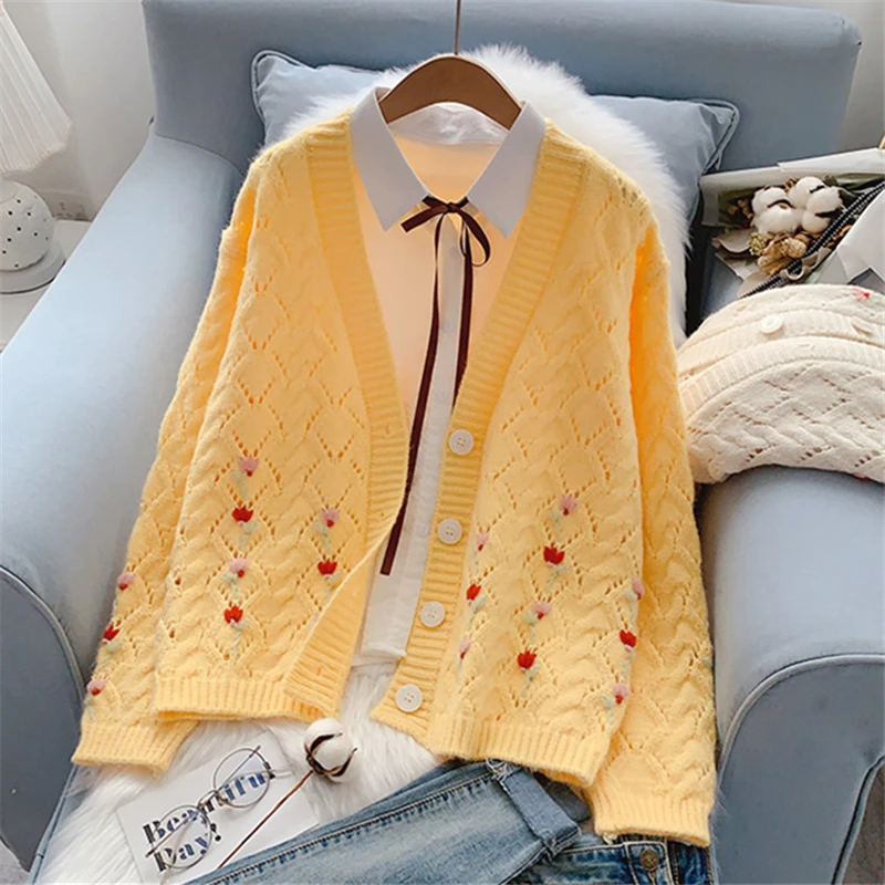 

2021 Spring Fashion New High-Quality Hollow Flower Loose V-Neck Long-Sleeved Knit Loose Sweater Top Trendy H046