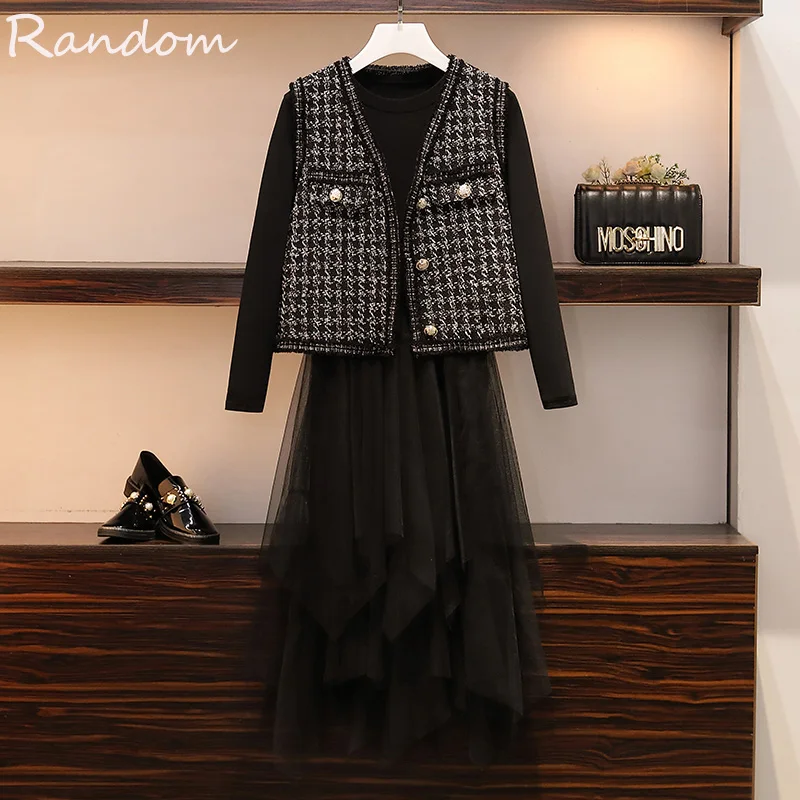 Женское элегантное платье размера плюс костюм с клетчатым жилетом и сетчатым