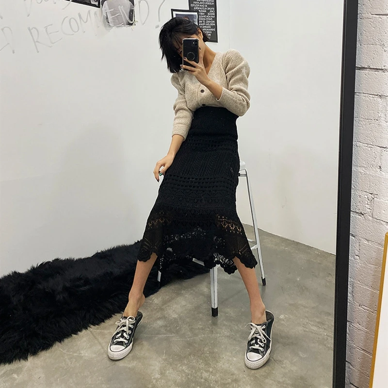 

High quality New Fashion Womens Summer Long Skirt Hollow Out Knitted Maxi Skirt elasticity waist Crochet Hollw out Skirt