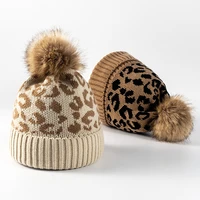 2021 fashion winter womens beanie leopard print curled wool ball knitted hat outdoor warm thick woolen hat