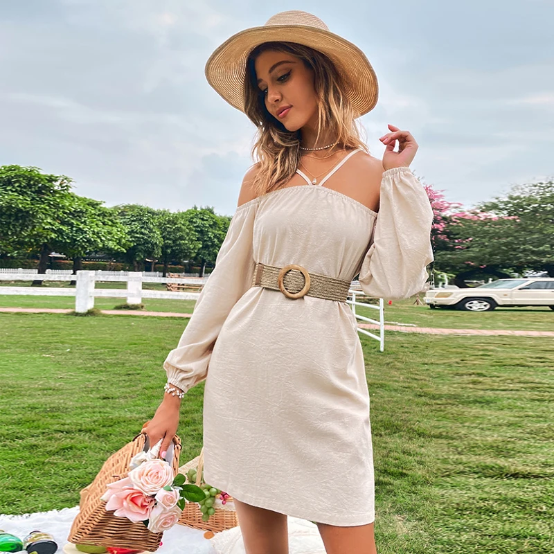

GRAZIA BELLA Summer Women Green Dress Chest Wrap Slash Neck Loose Casual Short Dress Off Shoulder Long Sleeve Mini Dresses 2022
