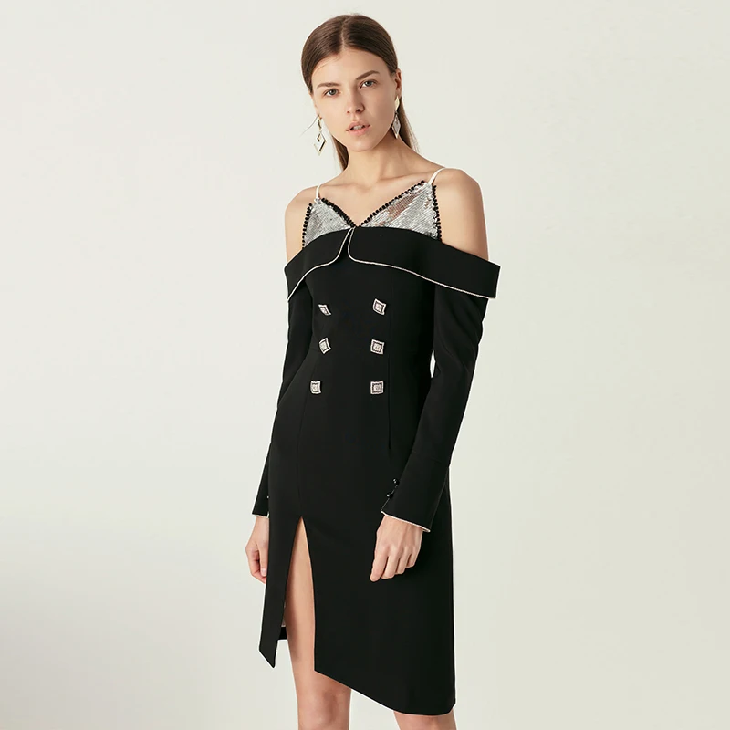 YIGELILA New Arrivals Black Dress Spaghetti Strap Double Breasted Backless Dress Knee Length Full Sleeves Dress 65446