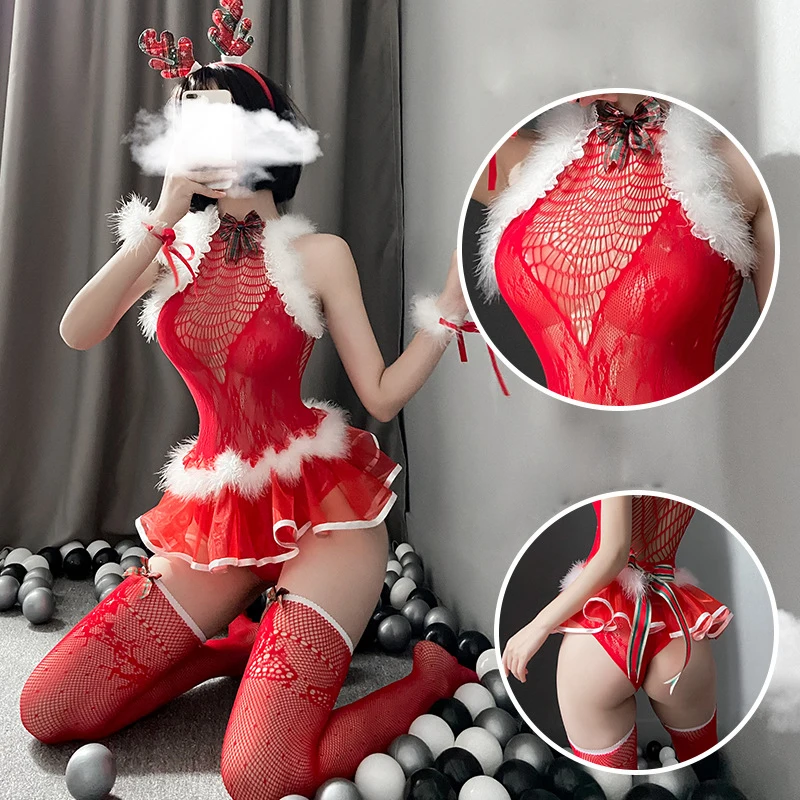 

Christmas Cosplay Costumes Temptation Elk Headband Sexy Lingerie for Women Red Fishnet Bodysuit Role-playing Princess Uniform