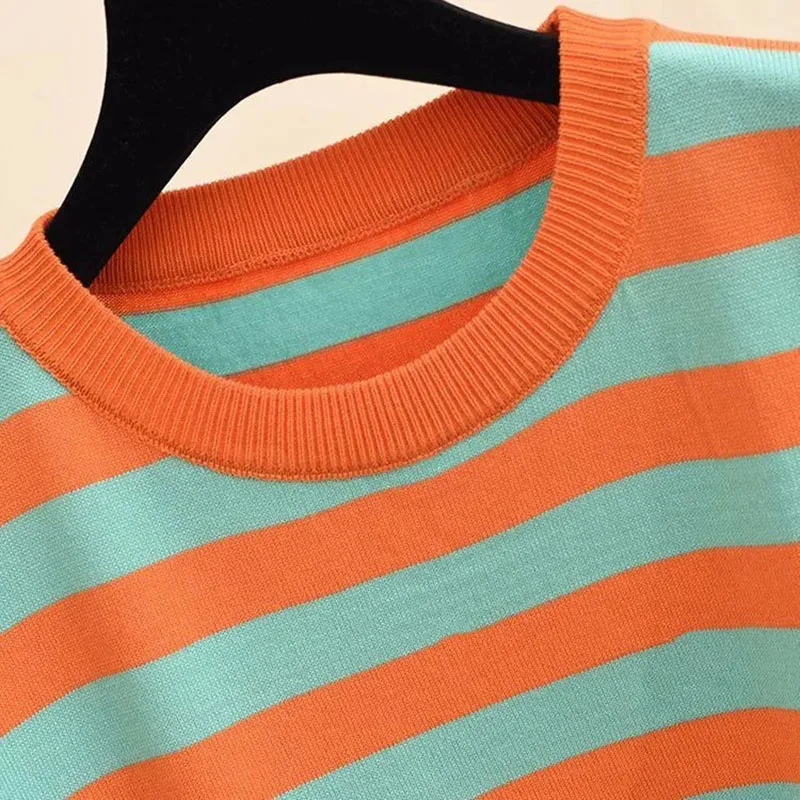 Женский трикотажный костюм в полоску плиссированный топ контрастных цветов с