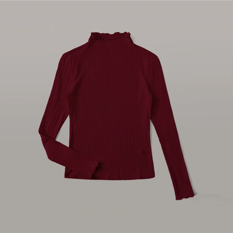SHEIN, стоячий воротник, Однотонная футболка с отделкой салата, ребристая трикотажная футболка, женские футболки, осень, длинный рукав, элегантная Офисная Женская футболка