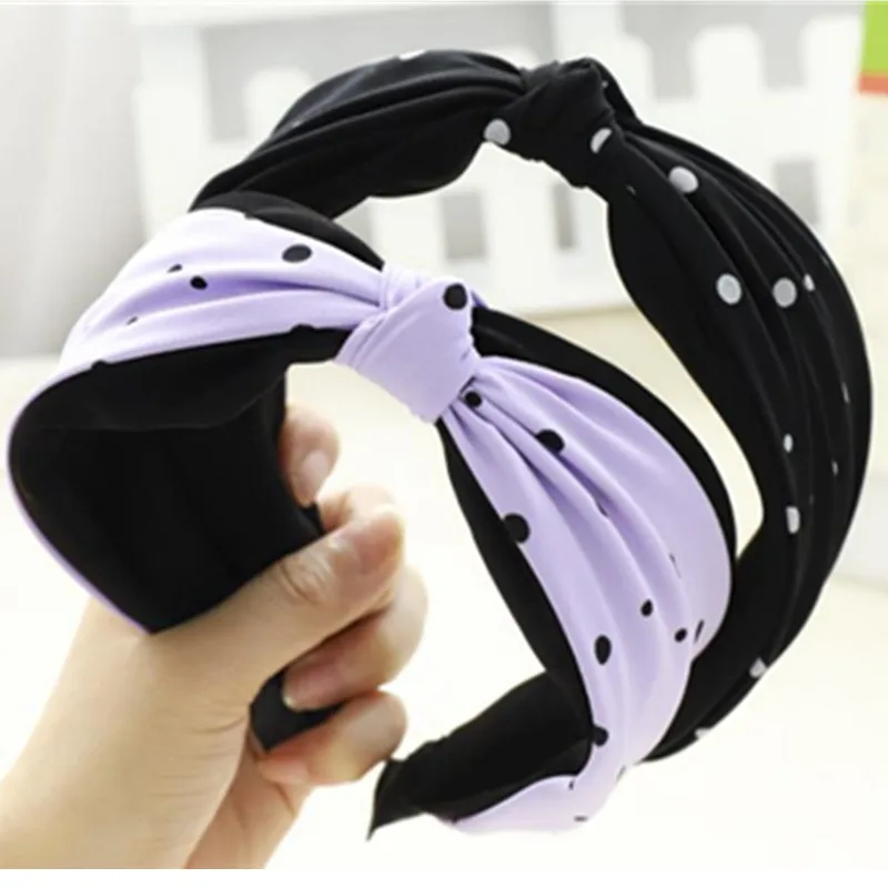 Повязка для волос женская с узлом широкий ободок в горошек аксессуар Корейском