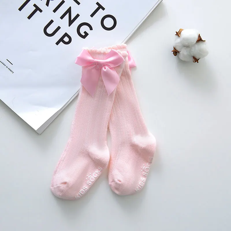 Calcetines largos hasta la rodilla con lazo grande para ni&ntilde;as, medias suaves de encaje de algod&oacute;n para beb&eacute;s, medias de kniekousen meisje, env&iacute;o directo-4