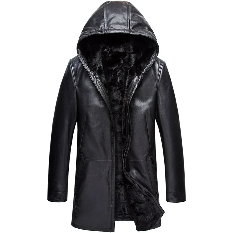 

Luxury businessman real hot winter mink fur lining trench coat long genuine leather jacket man with shearling hoodie jacket