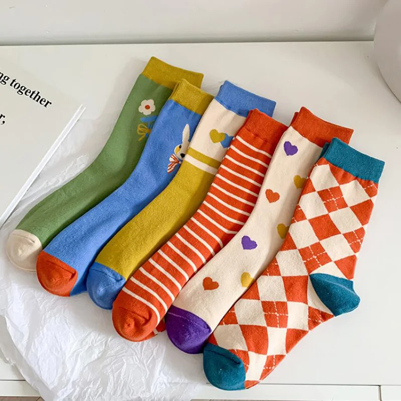 Colorful Cotton Women Socks Print Long Socks Femme Cute Heart Flower Socks Ankle Dress Calcetine Medias