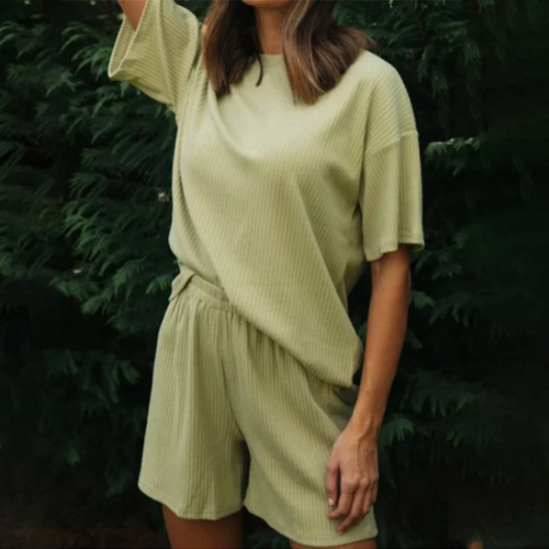 

High Waist O-neck Tops Female Shorts All-Match Retro Suit Straight Elastic Suits Ladies Two Piece Set Thread Polyester