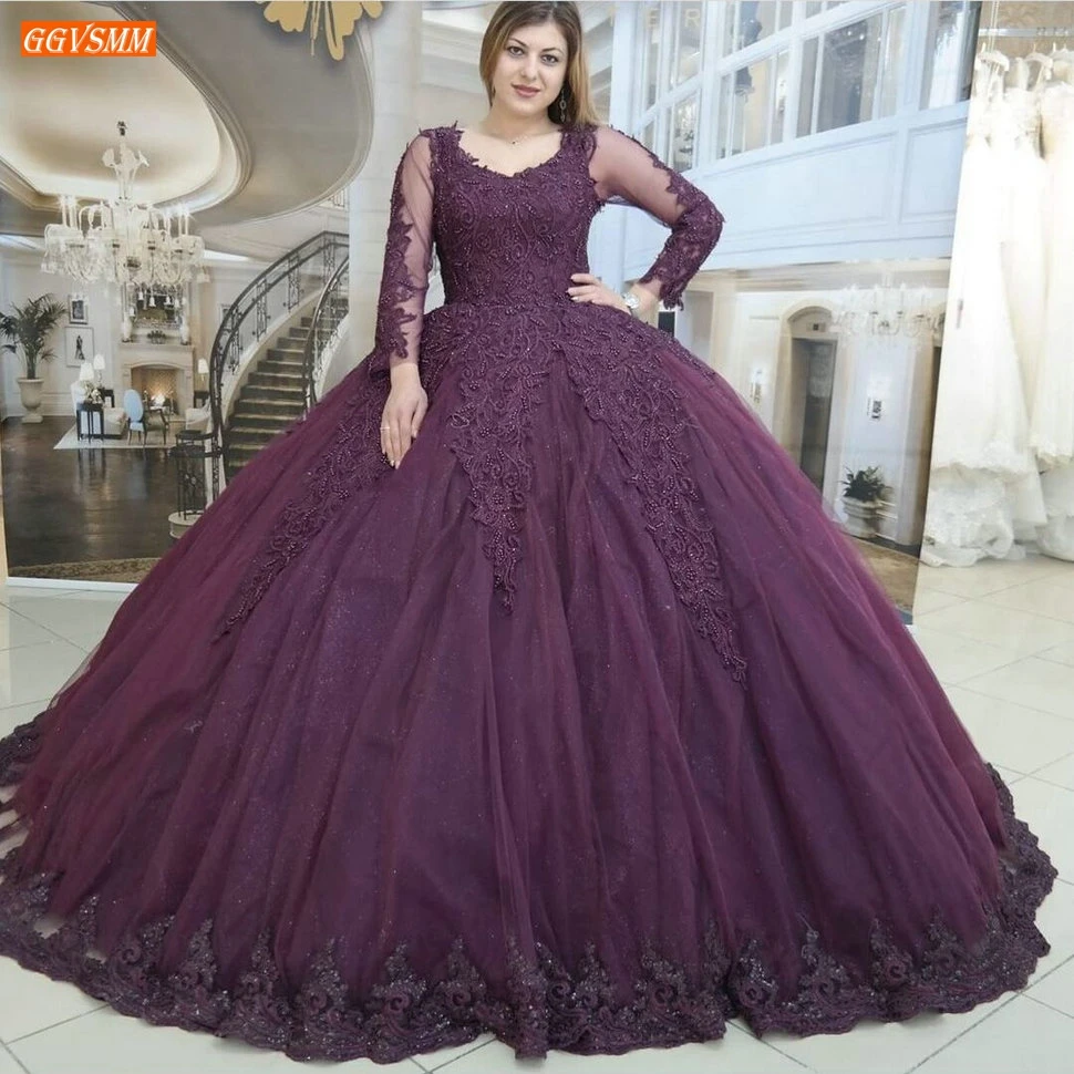 

Luxury Purple Evening Dress Long Sleeve Lace Appliqued Ball Gown Sexy Formal Dresses Women Party Custom Made 2022 Robe De Soiree