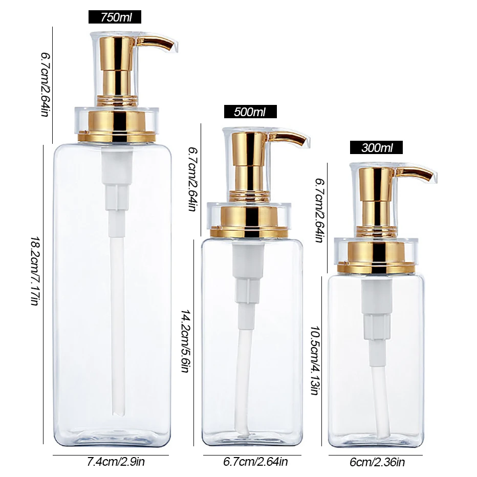 Прозрачная квадратная многоразовая бутылка для мыла шампуня кондиционера 300/500/750