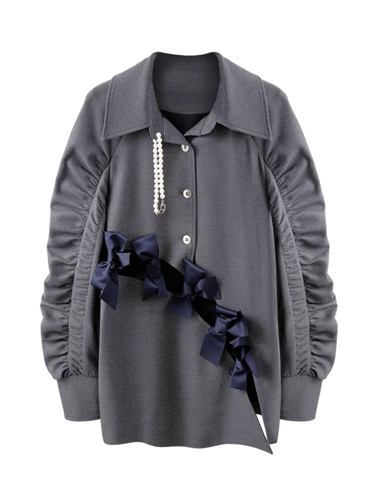 

Lapel Frills Puff Sleeves Stitching Bowknot Decoration Beaded Loose Shirt Ladies Autumn New Style Personality All-match Top