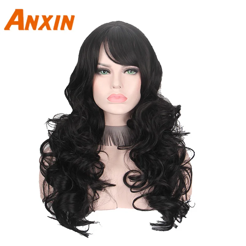 

Long Black Curly Wigs for Women with Bangs Synthetic Wig Hair Cosplay Wigs Natural Color Black Hairs Synthetic Fibre Factory