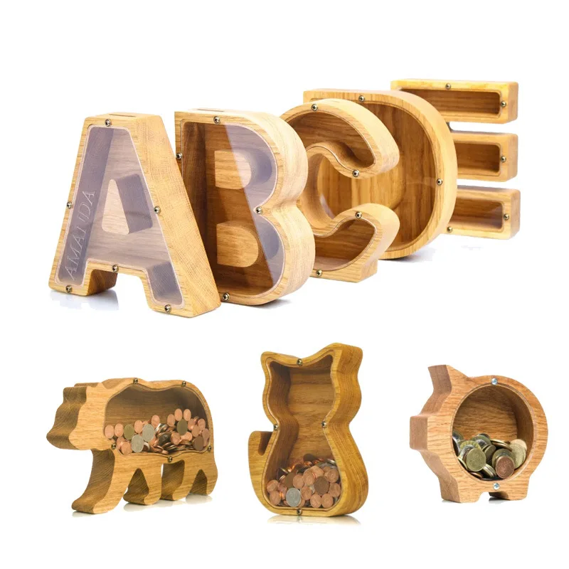 

Creative Wooden Piggy Bank Retro Animal Shape Alphabet Coin Storage Tank Money Box Desktop Ornament Piggy Bank Crafts Gift