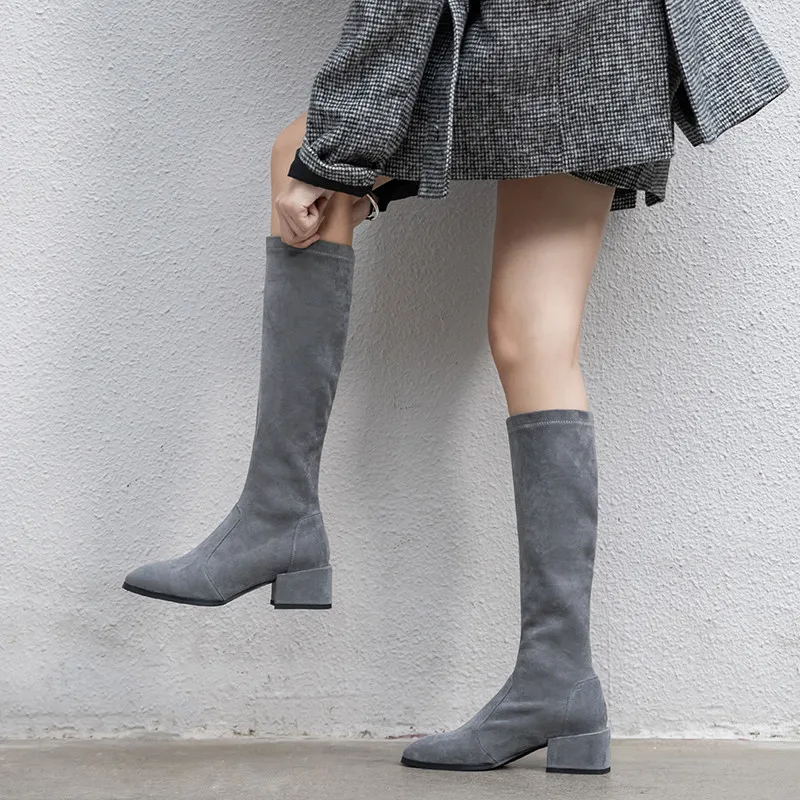 

ASUMER 2020 new arrival knee high boots women flock round toe slip on stretch boots autumn slim low heels casual shoes ladies