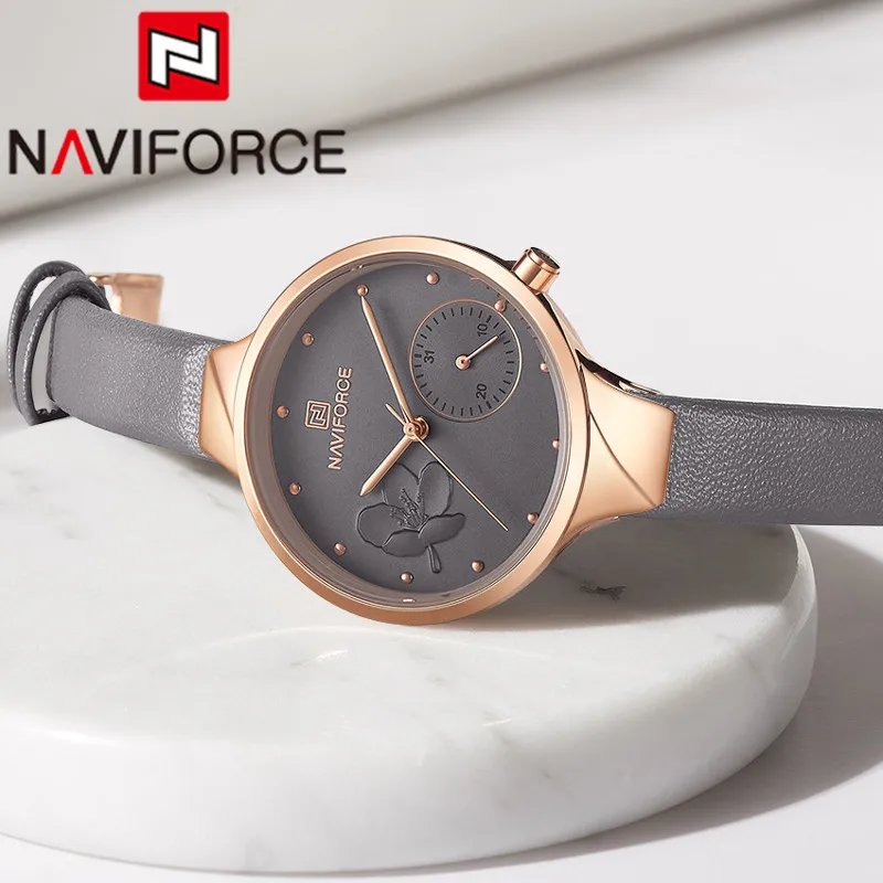 Часы наручные NAVIFORCE женские с браслетом из натуральной кожи модные брендовые