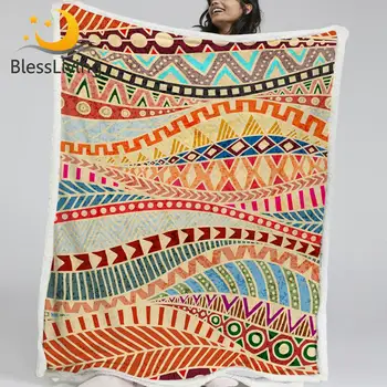 BlessLiving Wavy Blanket For Bed Ethnic Tribal Sherpa Fleece Blanket African Plush Bedspread Geometric Grunge Fluffy Blanket 1