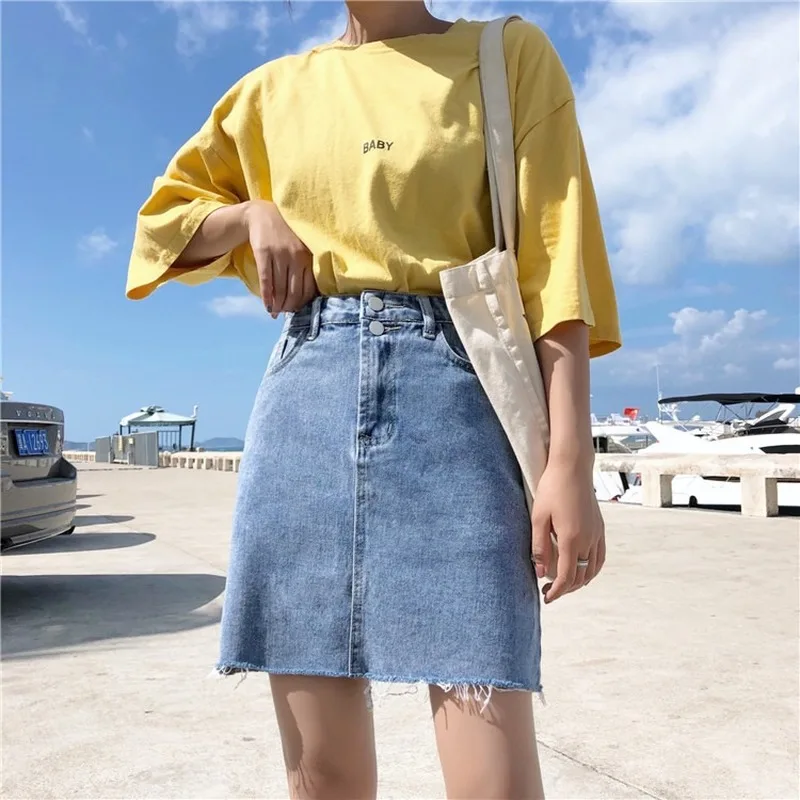 

Summer Sweet Blue Denim Skirt Women Solid Colors High Waist A Line Denim Skirts Simple All Match Street Fashion Jeans Skirts