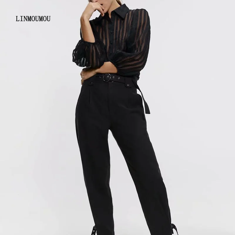 Новая модная женская блузка с лацканами и рукавами фонариками полосатая микро