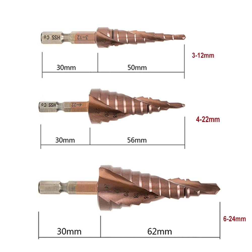 

HSS M35 Step Drill Bits Cobalt Metal Tapered Multi-function Hole Saw Pagoda Milling Cutter 4-12mm 4-20mm 6-24mm Triangular Shank