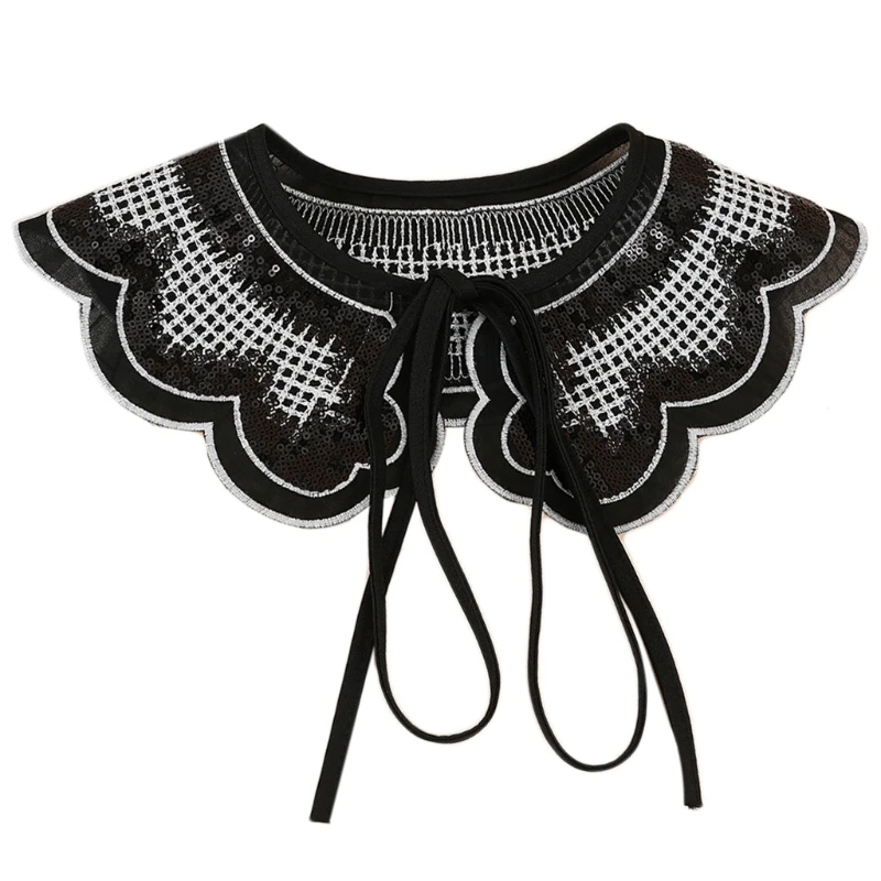 

New Women Glitter Sequins Black Fake Collar Scalloped Shawl Wrap Embroidery Plaid Pattern Striped Necklace Lace-Up Doll Poncho