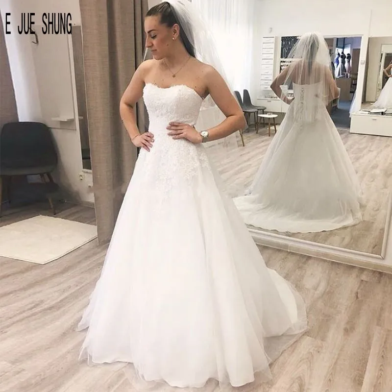 

Женское свадебное платье без бретелек E JUE SHUNG, белое элегантное платье с аппликацией и шнуровкой сзади, пляжное платье для невесты