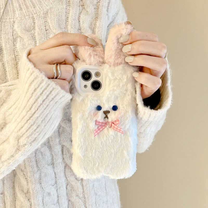 

Cute Cartoon Rabbit Ears Korea Phone Case For iPhone 13 12 11 Pro Max X Xr Xs Max 7 8 Puls Furry Winter Warm Plush Soft Cover
