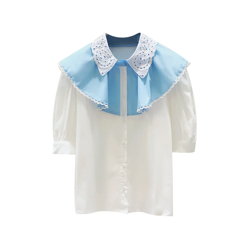 

2020 Summer New Korean Style Panelled Peter Pan Collar Lace Patchwork Puff Sleeve Short Shirt Women Blouses