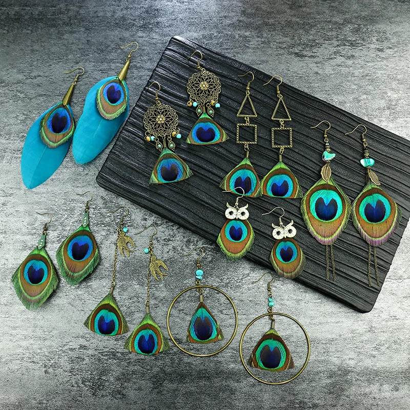 Серьги из перьев павлина для женщин 2022 современные богемные трендовые винтажные