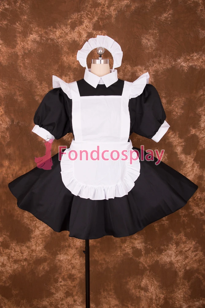 

fondcosplay adult sexy cross dressing sissy maid short Lockable Black Cotton Dress white apron Costume Uniform[M001]
