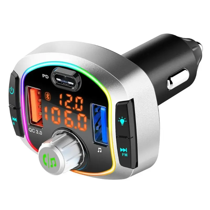 

Bluetooth 5.0 Car Transmitter RGB Lights Wireless LED Transmiter MP3 Player Handsfree Fm Modulator PD QC 3.0 USB Car Charger