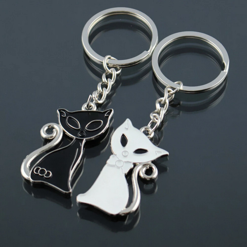 

For Men Women 1 pair Fashion Black & White Cat Fox Pendants Keychain Rings Key Chain & Ring Holder Keyring Porte decoration Gift