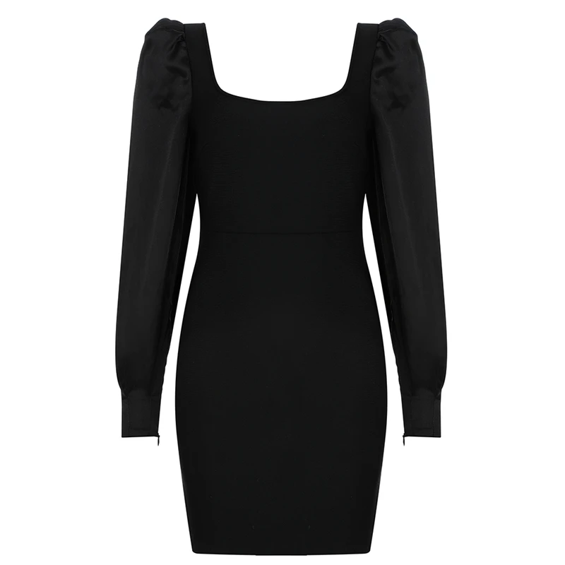 

INDRESSME 2019 New Lovely Fashion Black Bandage Vestidos Sexy Satin Long Puff Sleeve Square Neck Bodycon Women Party Mini Dress