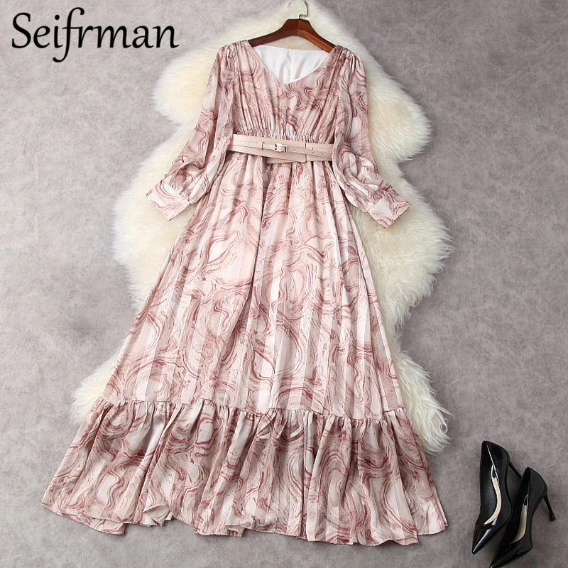 

Seifrmann New 2021 Summer Women Fashion Runway Party Maxi Dress Lantern Sleeve Sashes High Waist Printed Ladies Chiffon Dresses