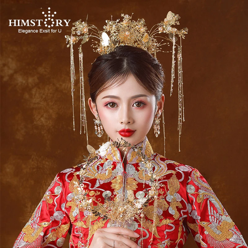 HIMSTORY Традиционный китайский свадебный головной убор древняя Золотая Бабочка с