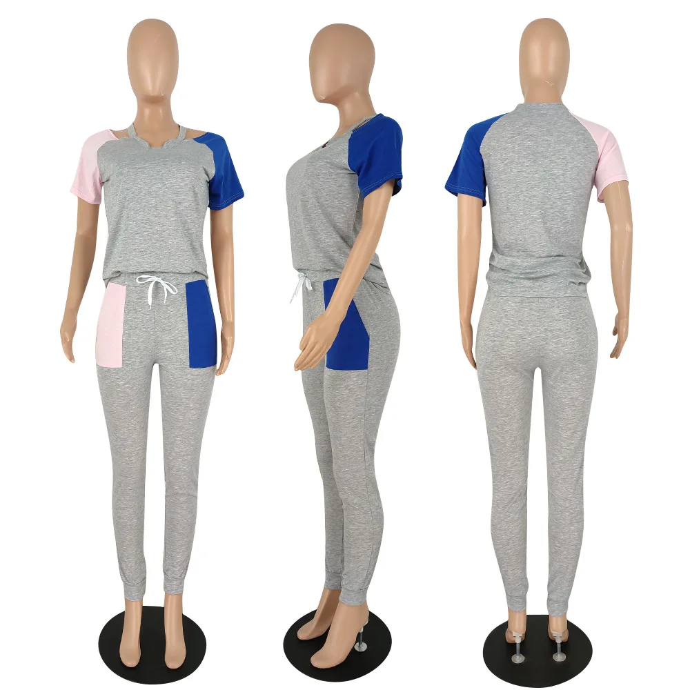 

Active Sportswear Short Sleeve Pullover Tops and Jogger Sweatpants for Women Casual Color Block Streetwear Two Piece Outfit New
