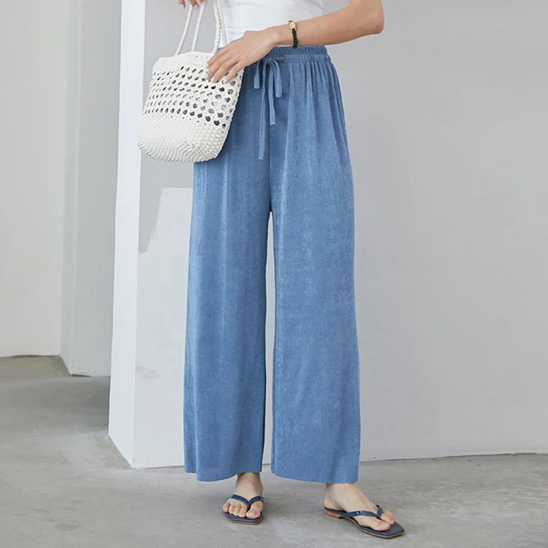 

HiloRill 2021 Summer Solid Casual Pants Women Elastic High Waist Straight Long Pants Ladies Wide Leg Trousers Bottoms Pantalones