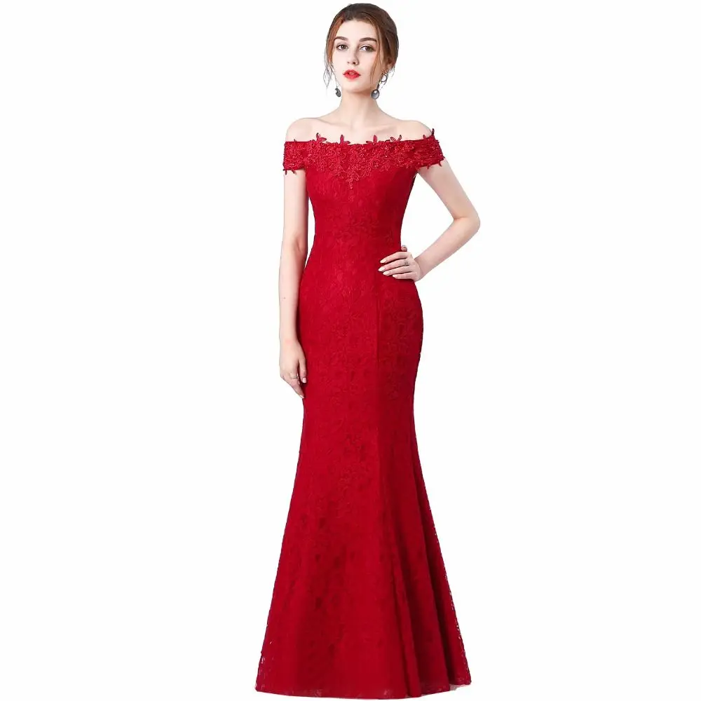 

Women's long evening dress plus size off shoulder lace mermaid formal prom event dress RED sexy cocktail wedding party dress