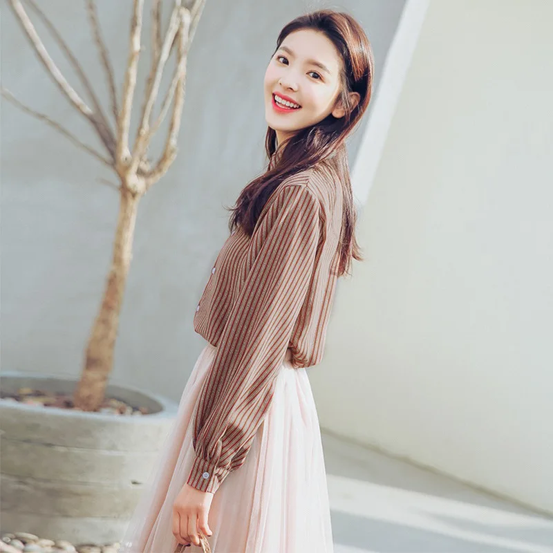 Полосатые женские блузки с отложным воротником рубашки длинными рукавами и