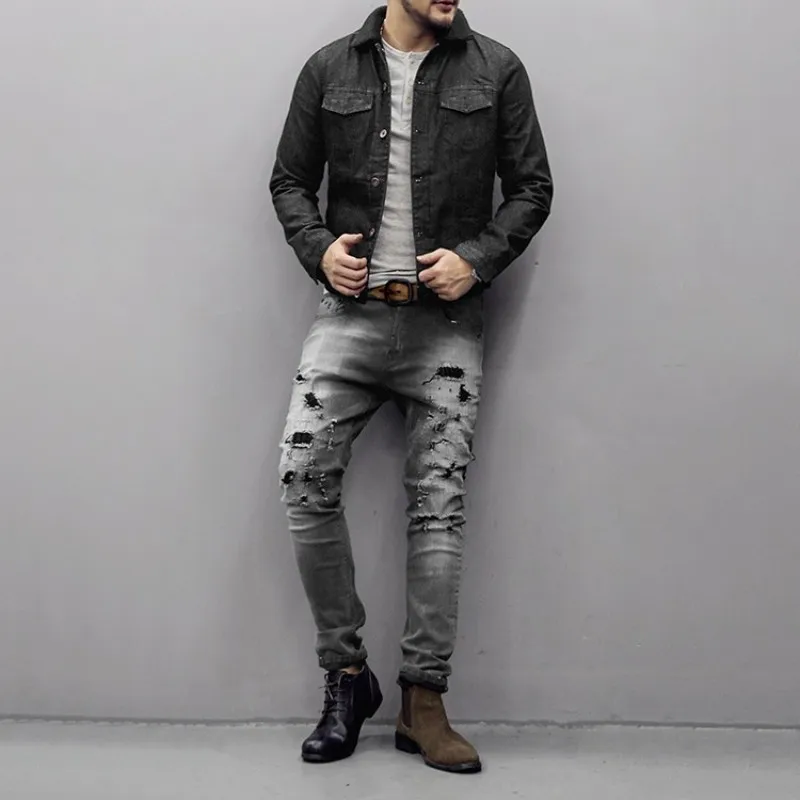 Fashion Mens Hole Ripped Skinny Jeans Male Jeans Slim Fit Long Trousers Washed Casual Streetwear Buttons Straight Denim Pants