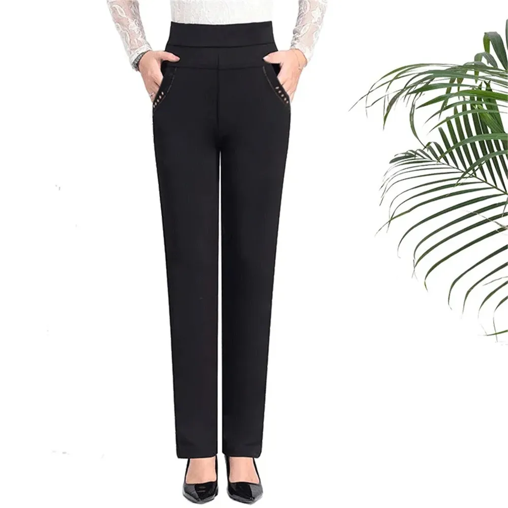 

Осенние брюки Стразы для женщин среднего возраста эластичные прямые повседневные брюки с высокой талией женские повседневные брюки большо...