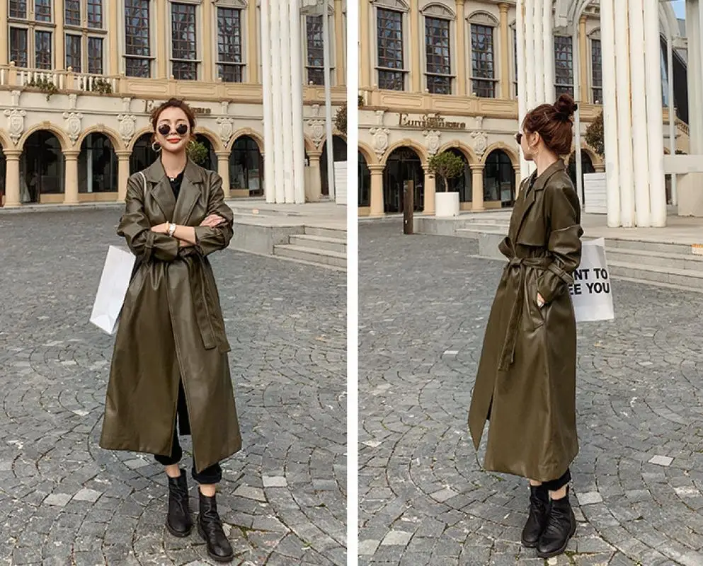 

New Fashion Pu Leather Long Style Women Trench Coat With Belt Pocket Army Green Slim Casual Commuter Ladies Leather Overcoat
