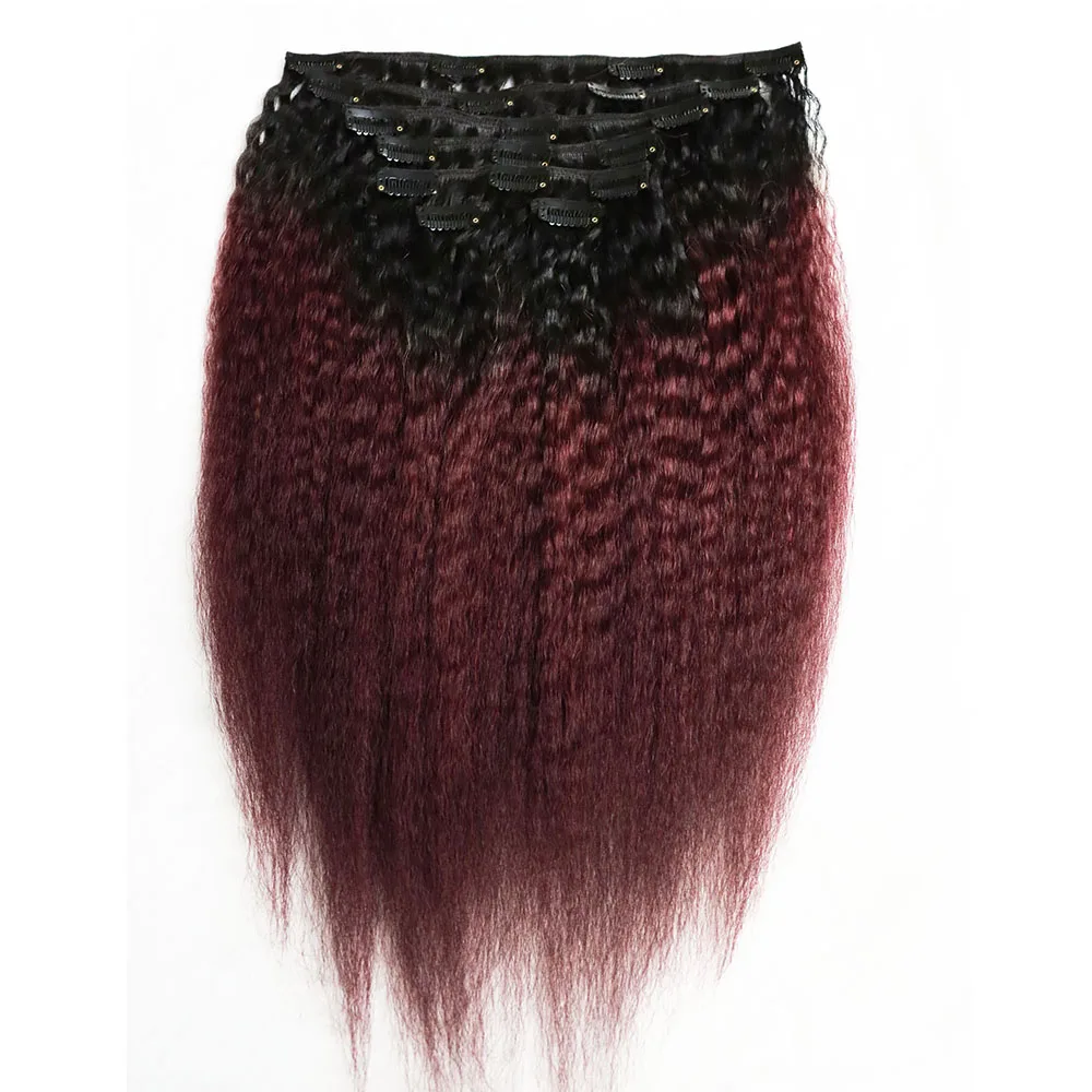 

Kinky Straight Ombre Red Clip In Hair Extensions for Black Women Girls Coarse Yaki Two Tone 1B/99J Virgin Human Hair Clips In