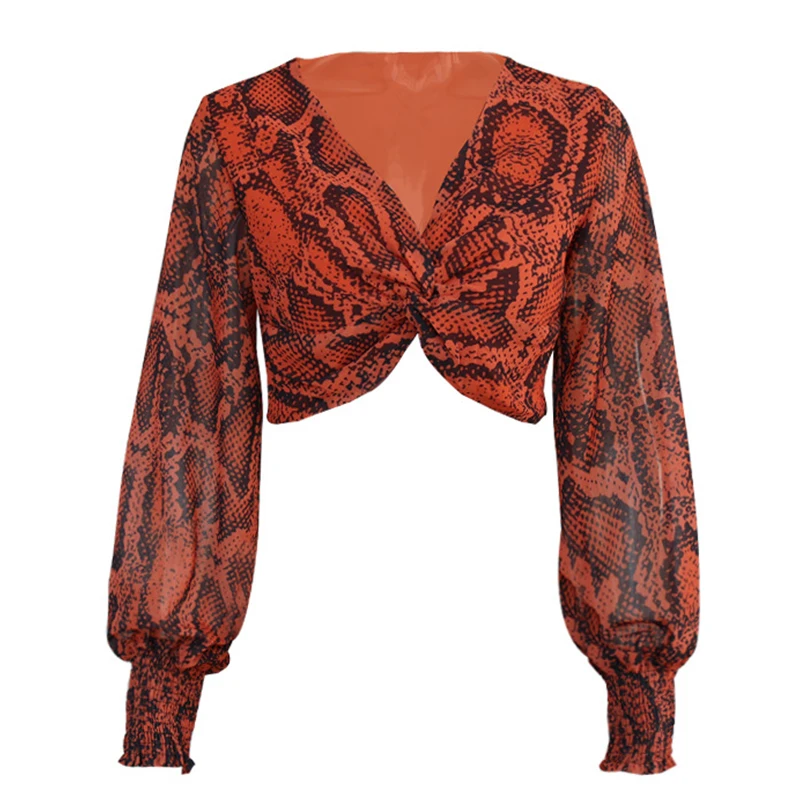 Змеиная укороченная блузка для женщин с рукавом фонариком и высокой талией