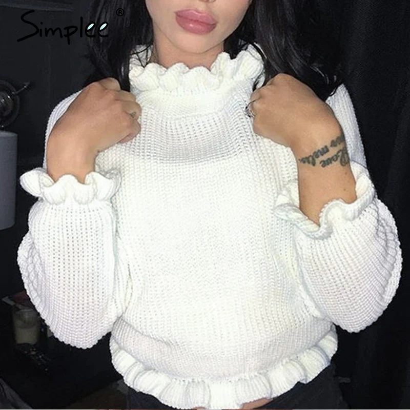 Simplee Ruffle knitted sweater female Butterfly sleeve winter 2018 slim fit pullover streetwear jumper pull femme peplum top | Женская