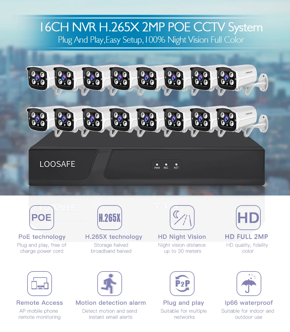 LOOSAFE 1080P HDMI POE NVR комплект CCTV система безопасности DVR 16 шт. аудио запись ip-камера P2P видео камера безопасности комплект 1 ТБ HDD